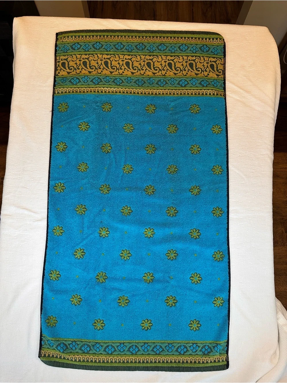 Vintage Callaway 3 pc bath towel hand towel set 60’s 70’s MCM blue green gold